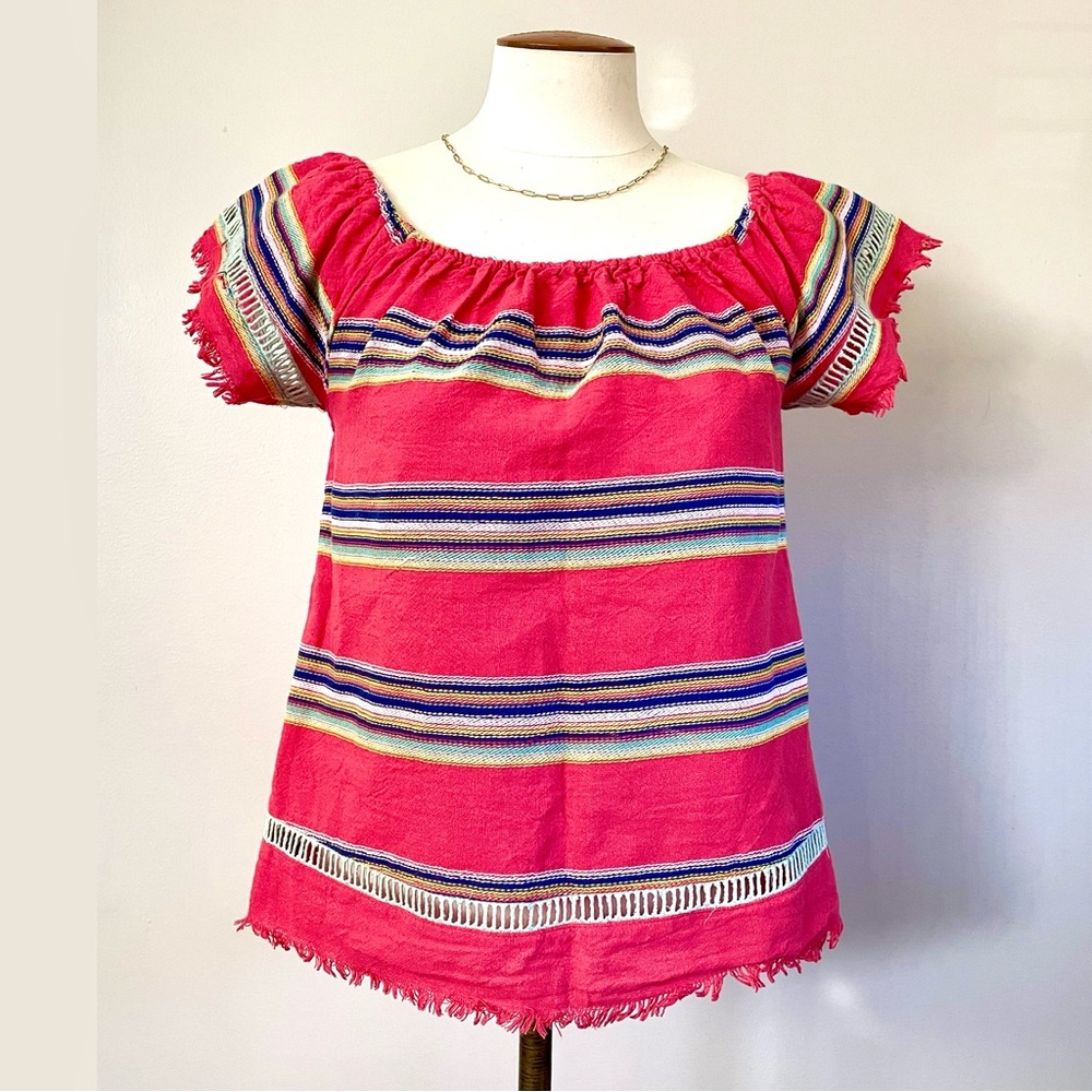 Anthropologie DRA Los Angeles Boho Shirt Top Off The Shoulder Fringe Red - Small